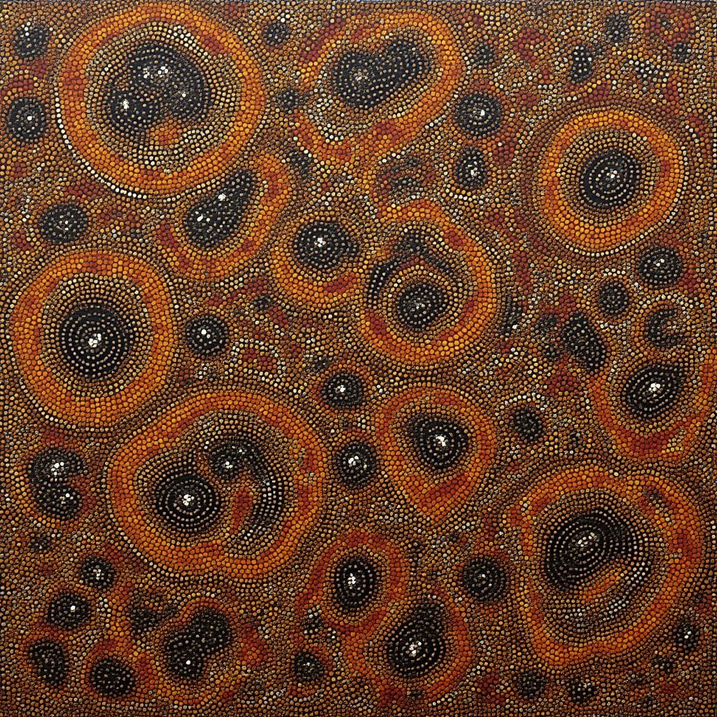 Aboriginal dot painting with intricate patterns and storytelling