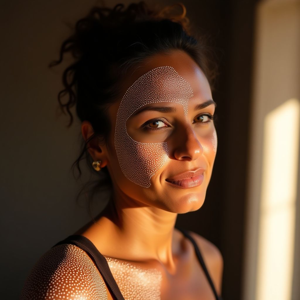 Aboriginal female artist in her studio with dot paintings