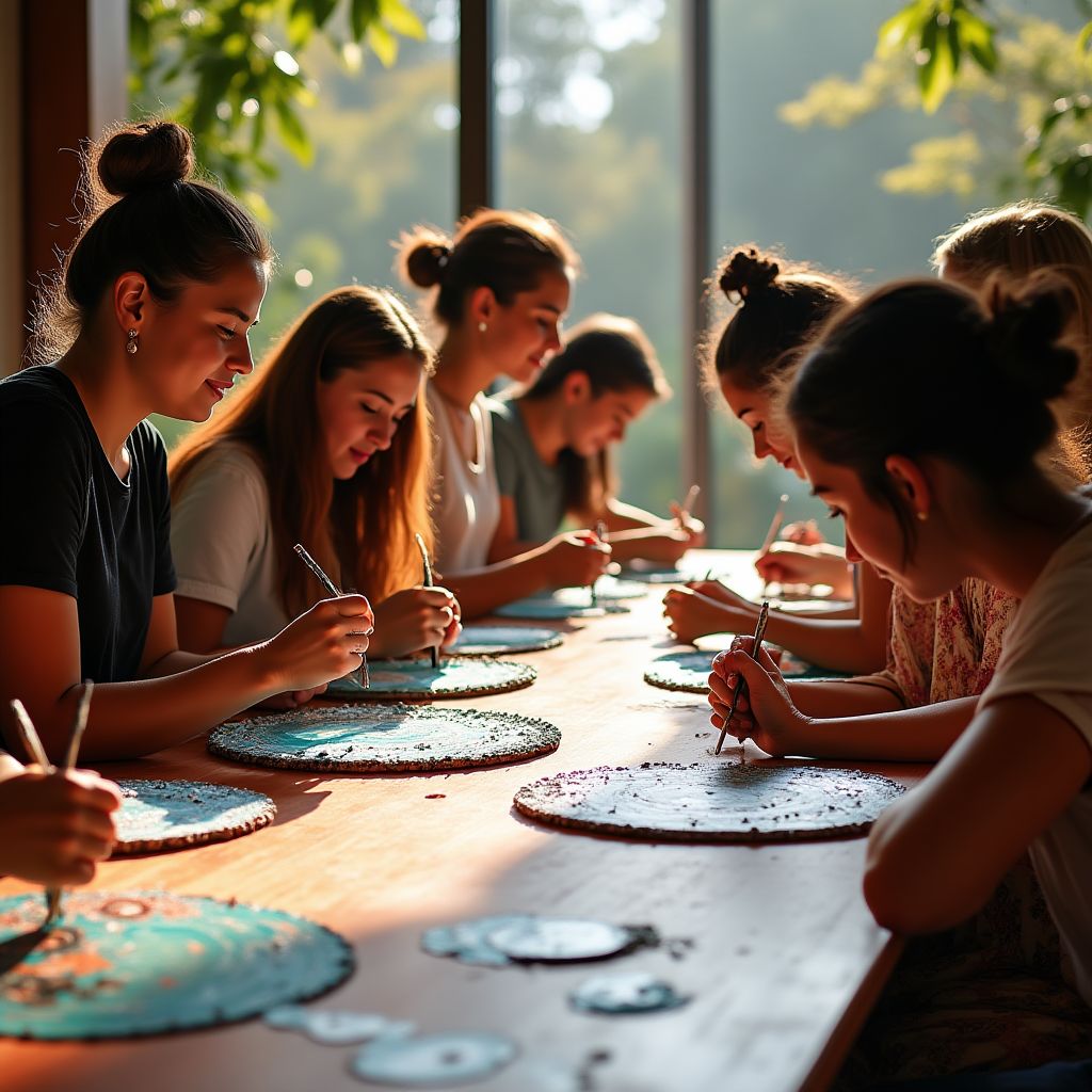 Community art workshop with indigenous Australian artists teaching techniques