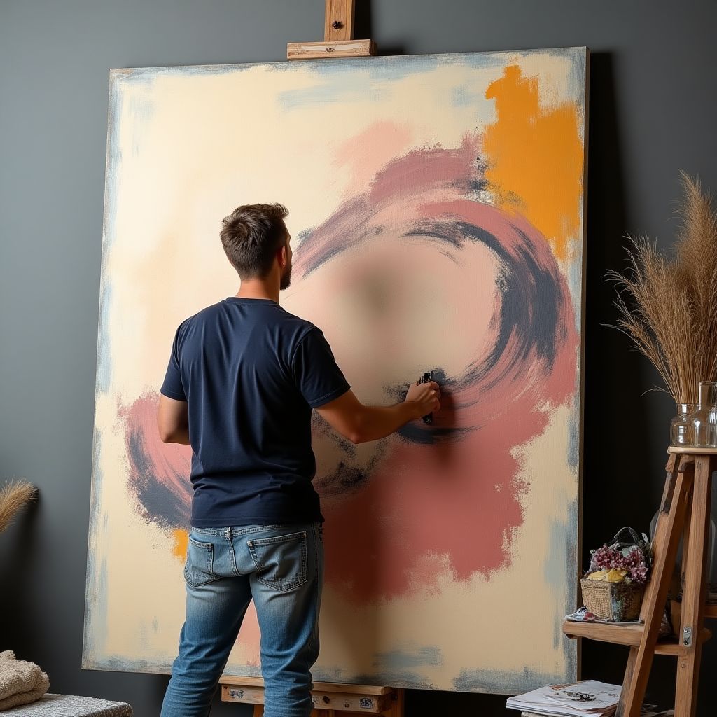 Contemporary male artist in his studio with abstract paintings