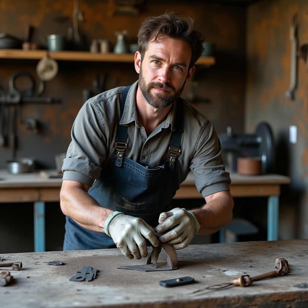 Urban sculptor in workshop with metal sculptures